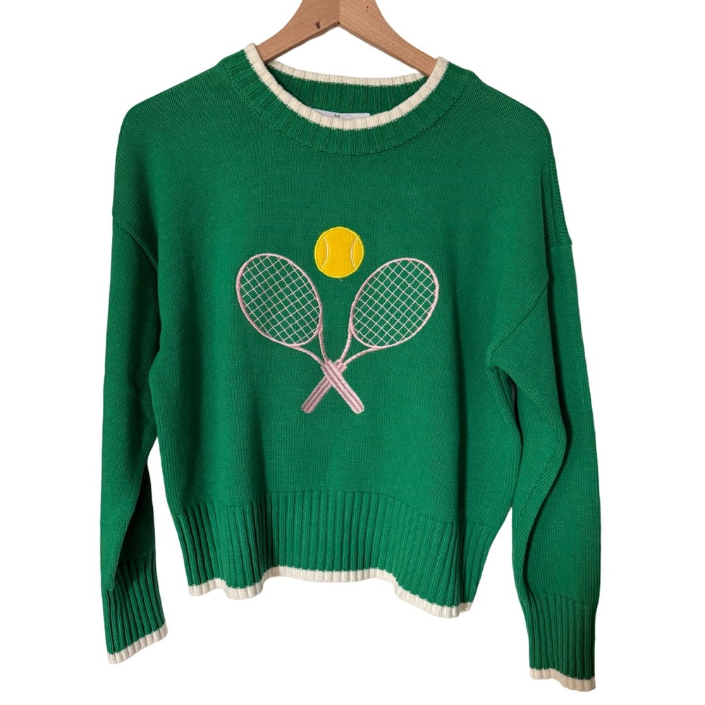 M by‎ Marled Green Tennis Sweater Embroidered Racket Graphic NWT - Picture 2 of 5